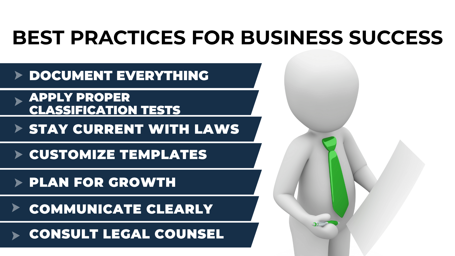 Business success tips: document, classify, stay current, customize, grow, communicate, and get legal advice.
