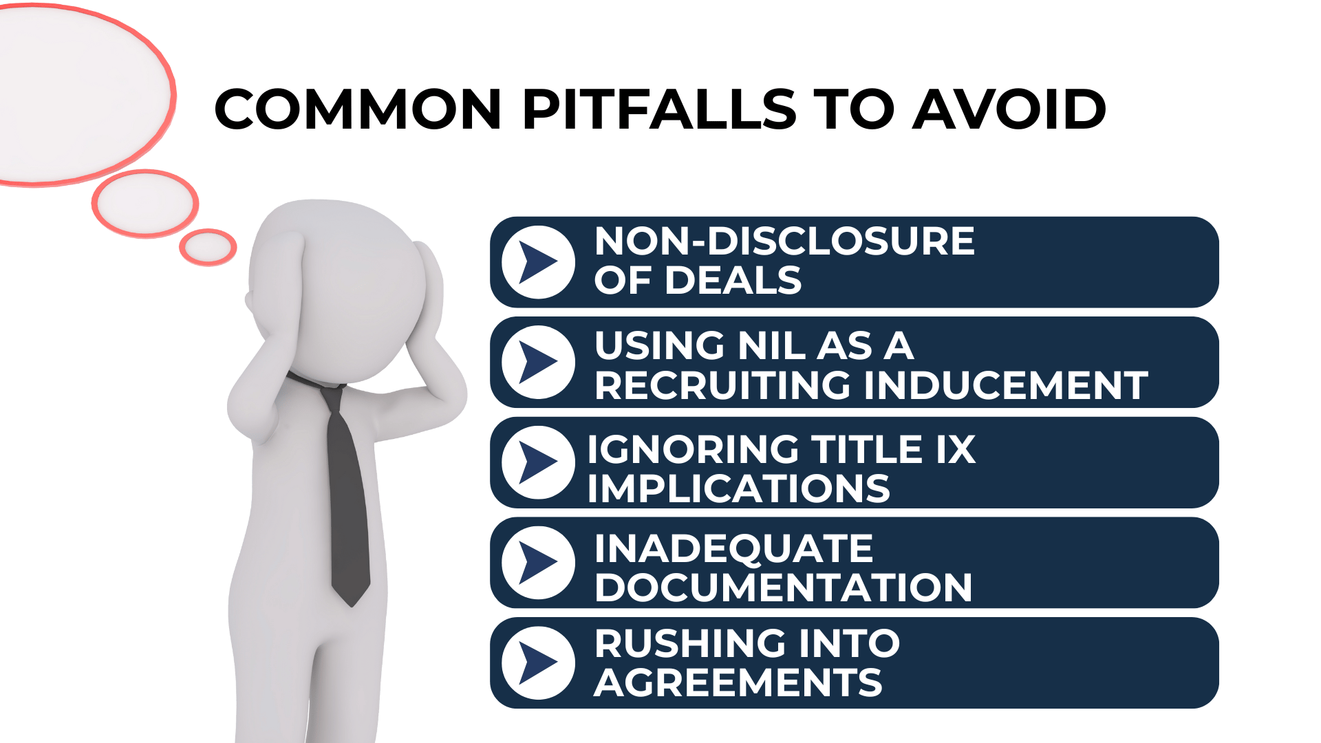 A stressed figure next to warnings: don’t rush NIL deals or skip Title IX and disclosure rules.