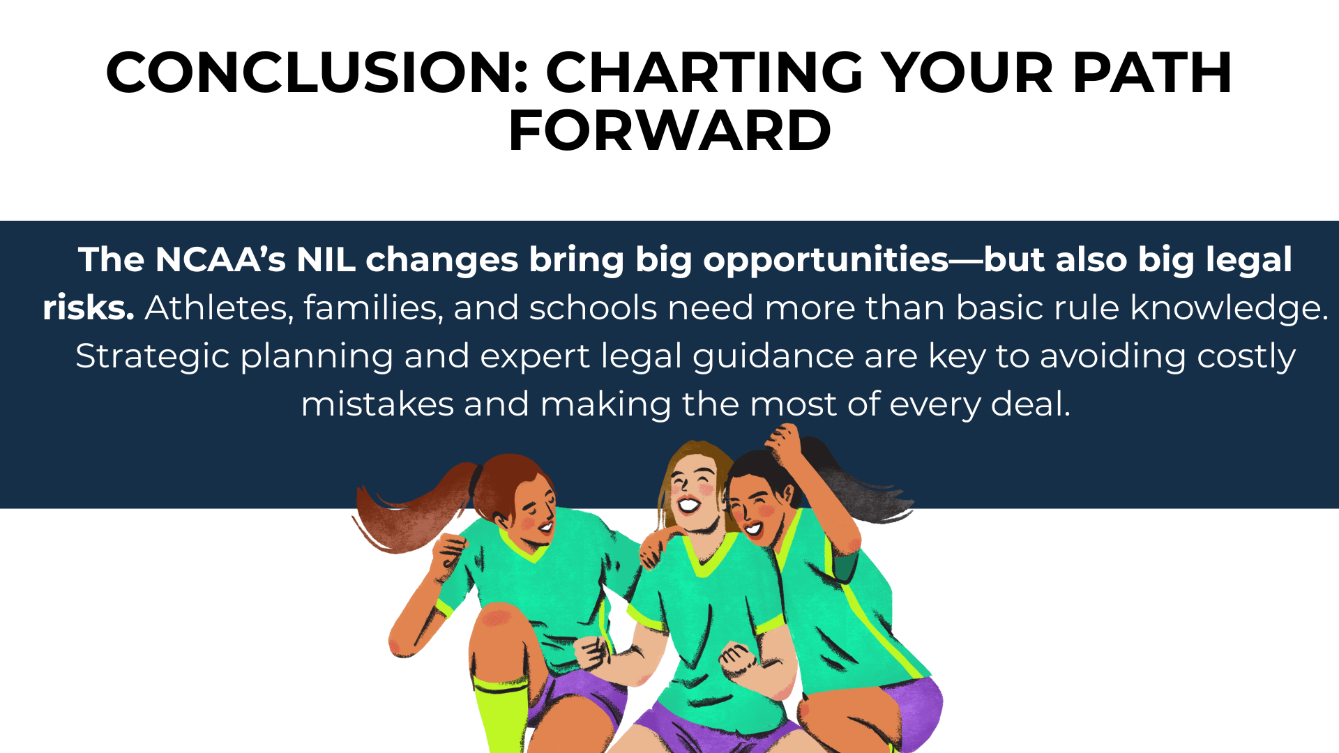 Three athletes celebrate; bold text urges legal guidance for NIL success and risk protection.