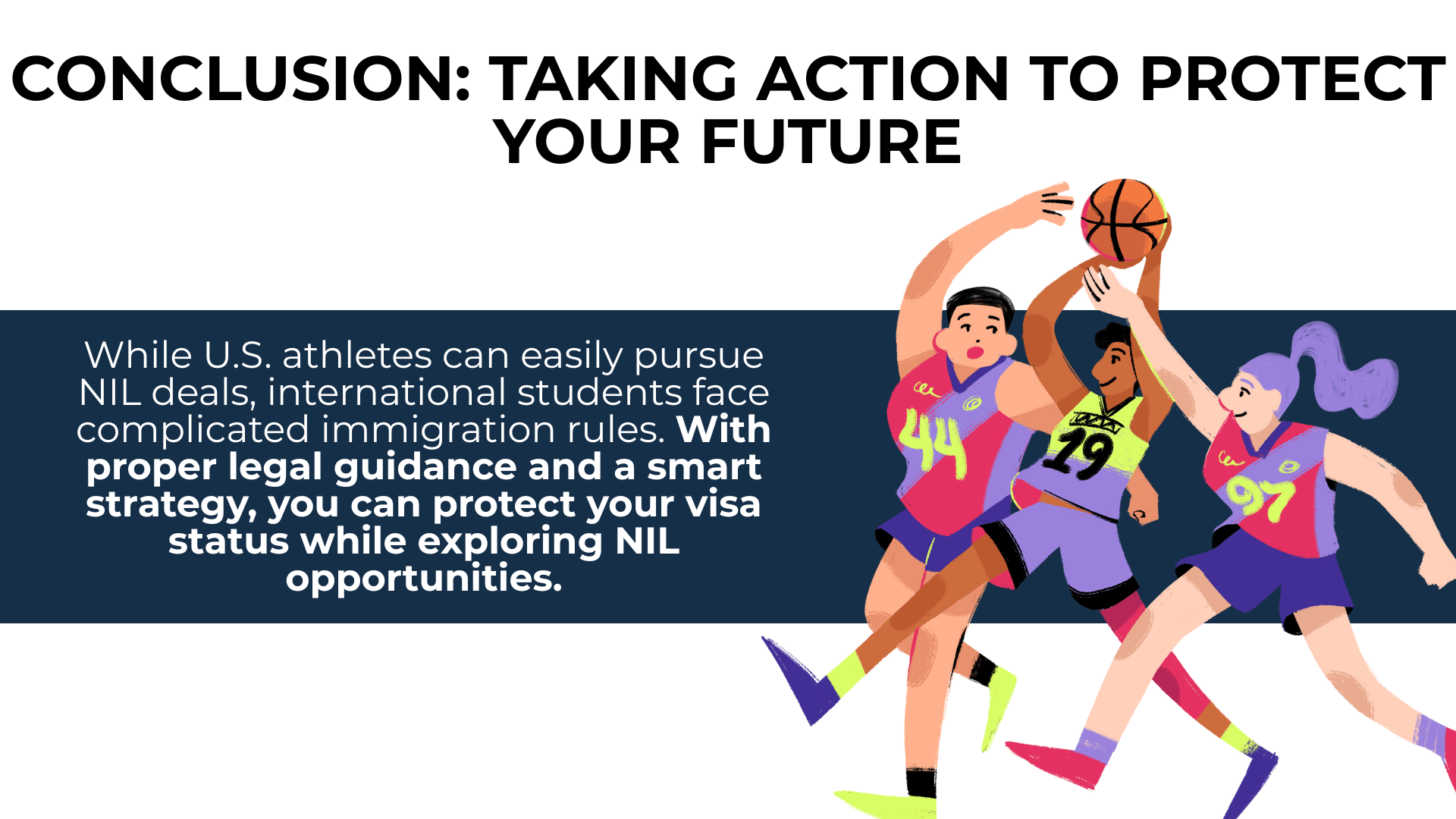 Three diverse athletes go for a basketball; text warns international students to protect visa status in NIL deals.