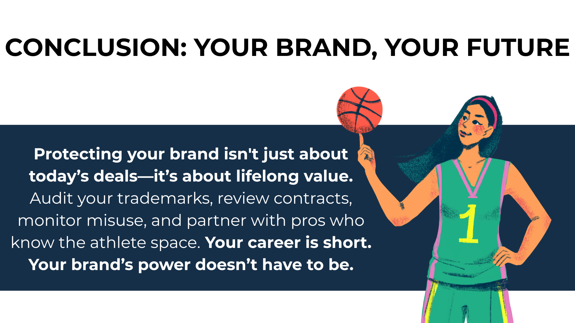 Female athlete with basketball and advice to protect brand value, from trademarks to contracts.