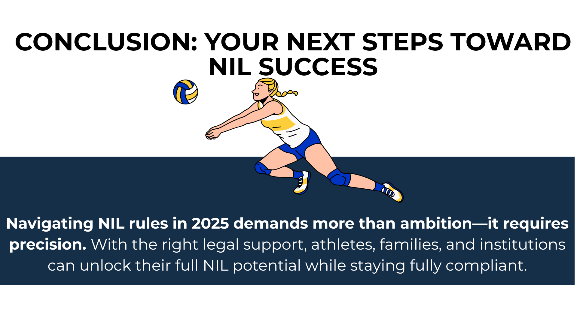 Volleyball athlete dives under title urging precision in 2025 NIL compliance with legal guidance.