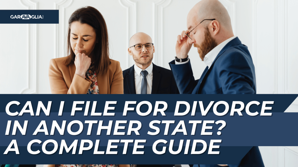Upset couple arguing with a lawyer; bold title: “Can I File for Divorce in Another State? A Complete Guide”.