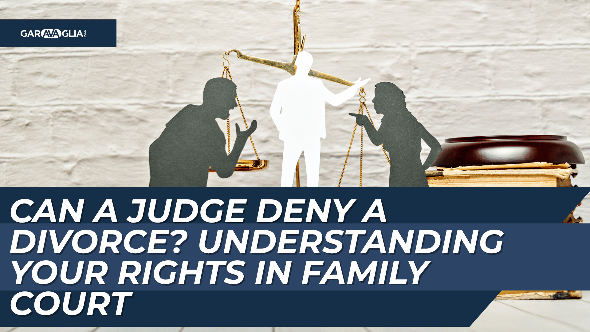 Scales of justice with paper cutout couple arguing beside a judge silhouette and gavel.