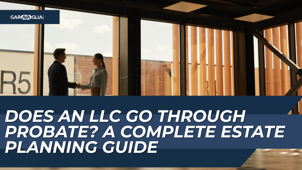 Two professionals shake hands near window, title asks: Does an LLC Go Through Probate? A Complete Estate Planning Guide.
