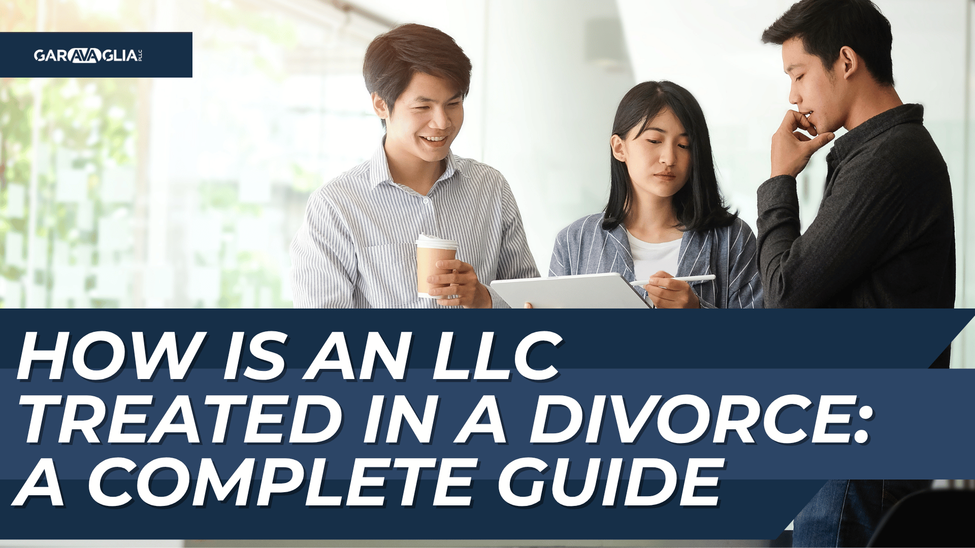 Group of colleagues review a guide on LLC divorce treatment with bold title overlay.