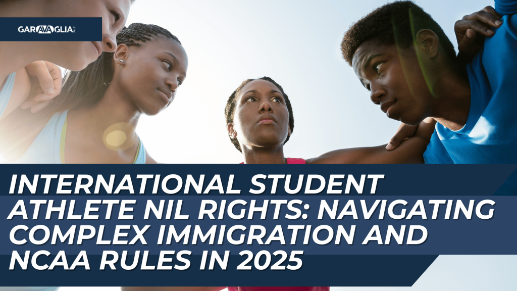 Group of focused athletes in huddle; title reads: “International Student Athlete NIL Rights…2025.”