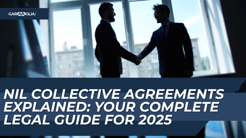 Silhouetted businessmen shake hands under title “NIL Collective Agreements Explained: Your Complete Legal Guide for 2025”.