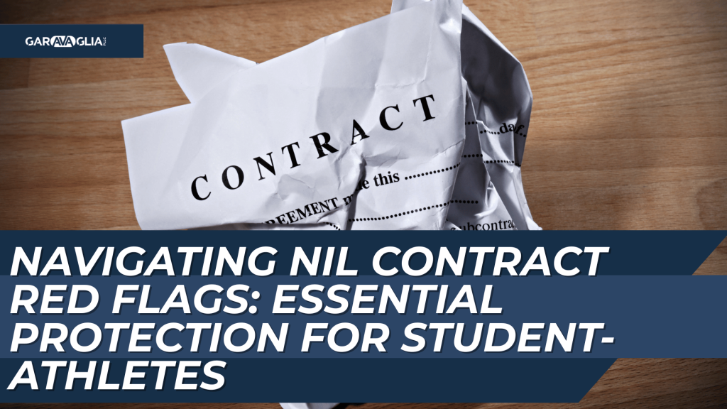 Crumpled contract on wood desk with bold headline: "Navigating NIL Contract Red Flags: Essential Protection for Student-Athletes"