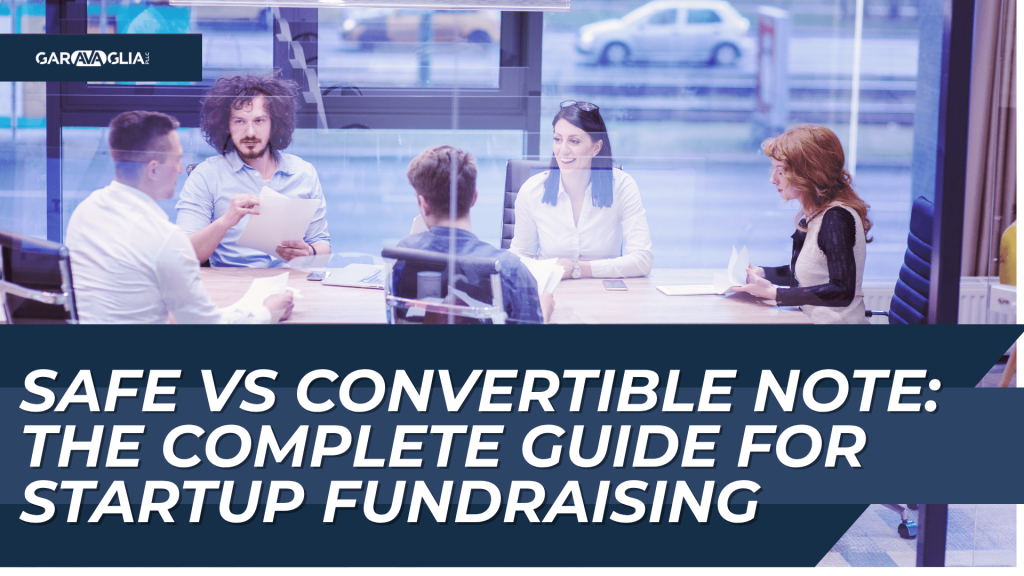 Startup team at meeting table with title “SAFE vs Convertible Note: The Complete Guide for Startup Fundraising.”