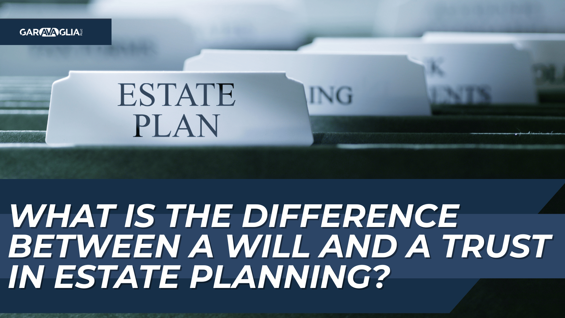 File folders labeled “Estate Plan” with the question: What is the difference between a will and a trust?