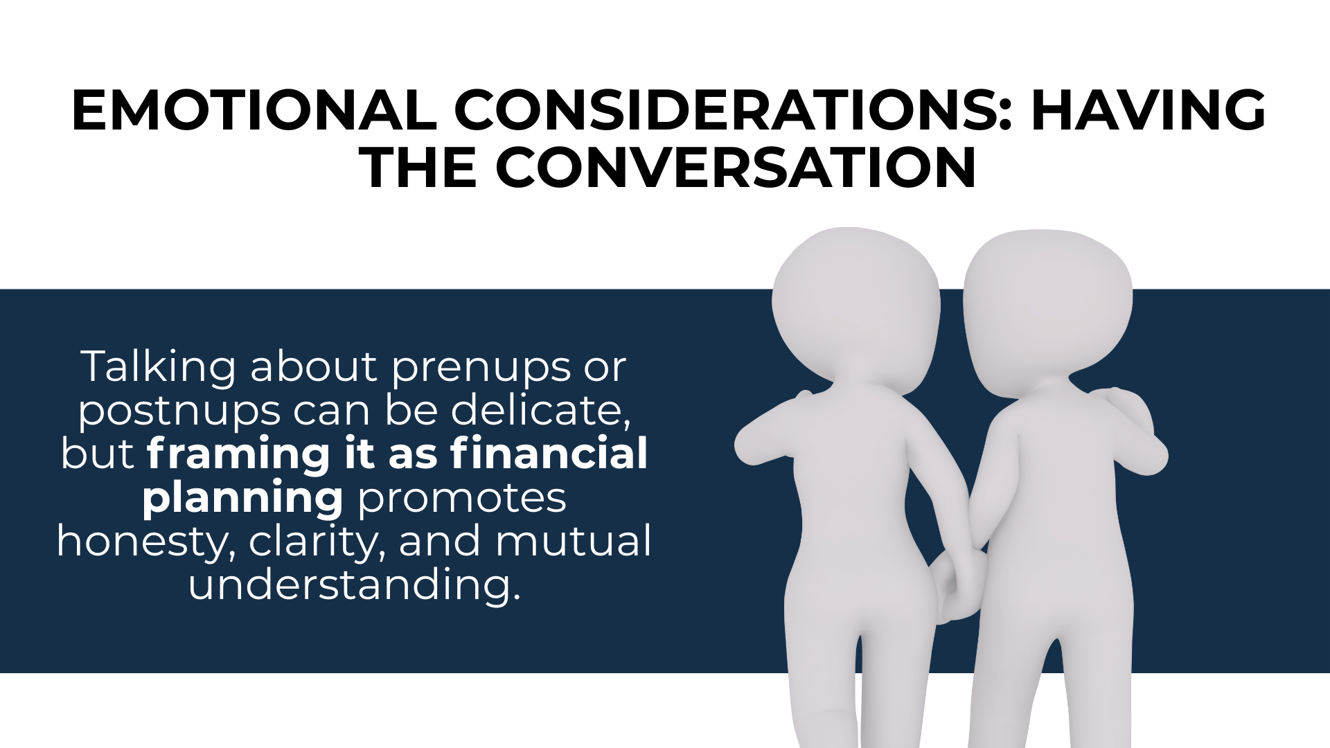 Two cartoon figures link arms under text about prenup talks being framed as financial planning for clarity and honesty.