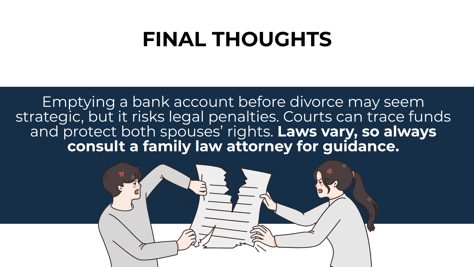 Cartoon couple rips paper in half beneath legal warning to consult a family law attorney.