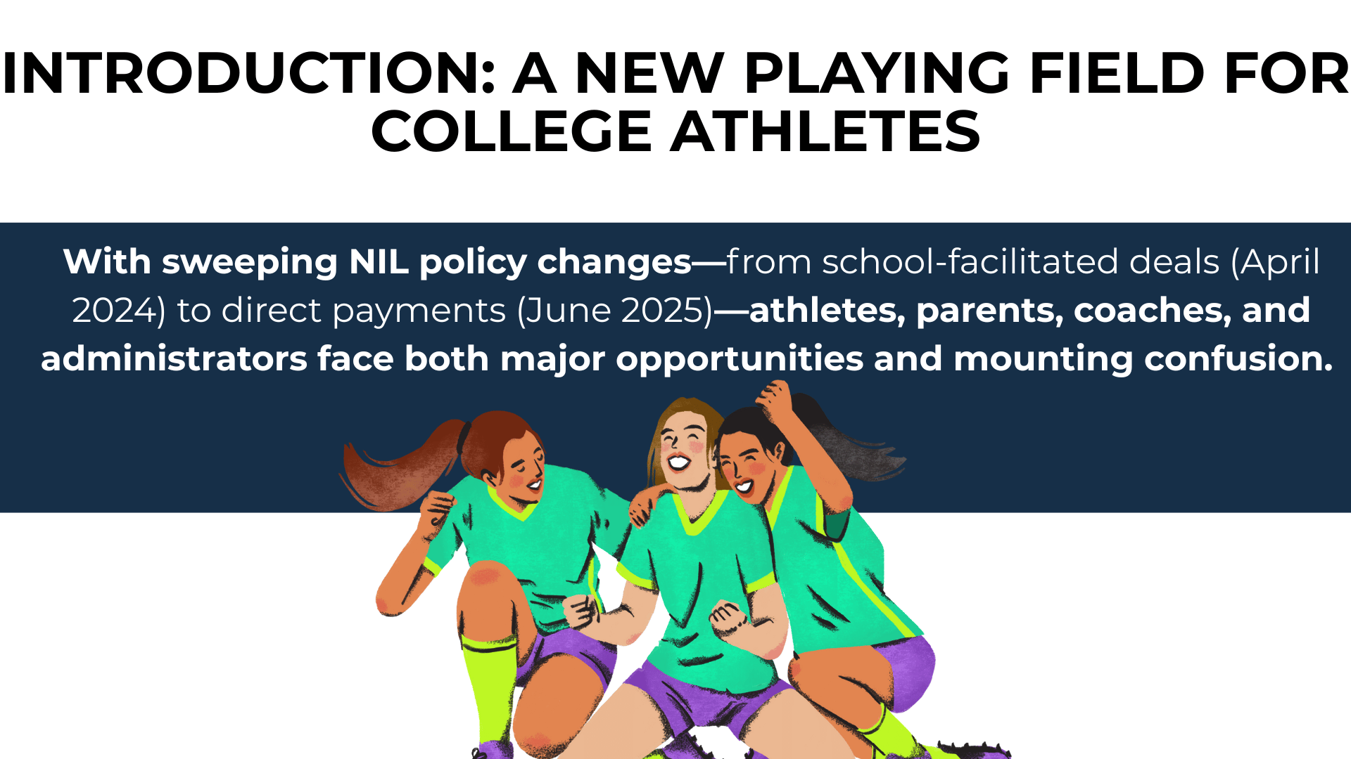 Three female athletes cheer; text highlights big NIL changes and growing confusion in 2024–2025.