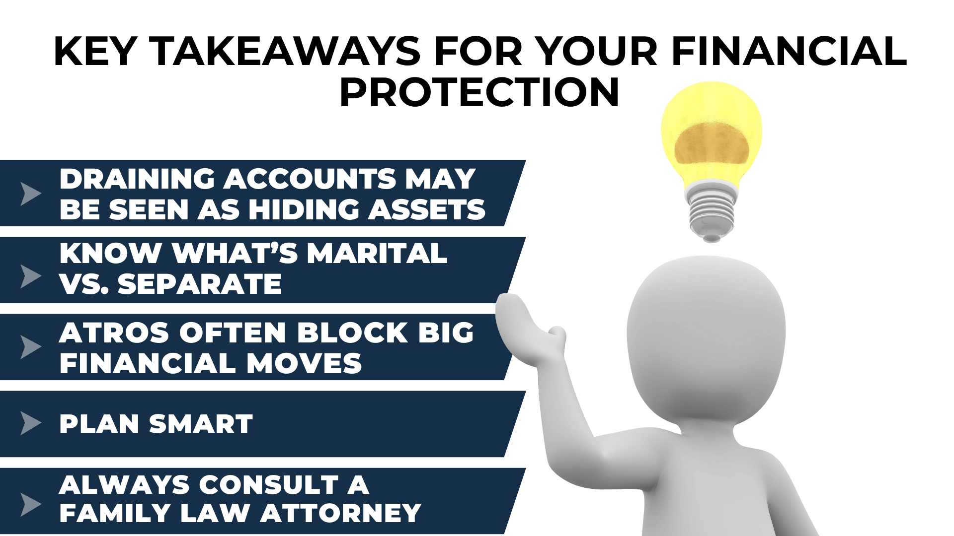 Lightbulb and checklist of tips: avoid hiding assets, know what’s marital, and talk to a lawyer.