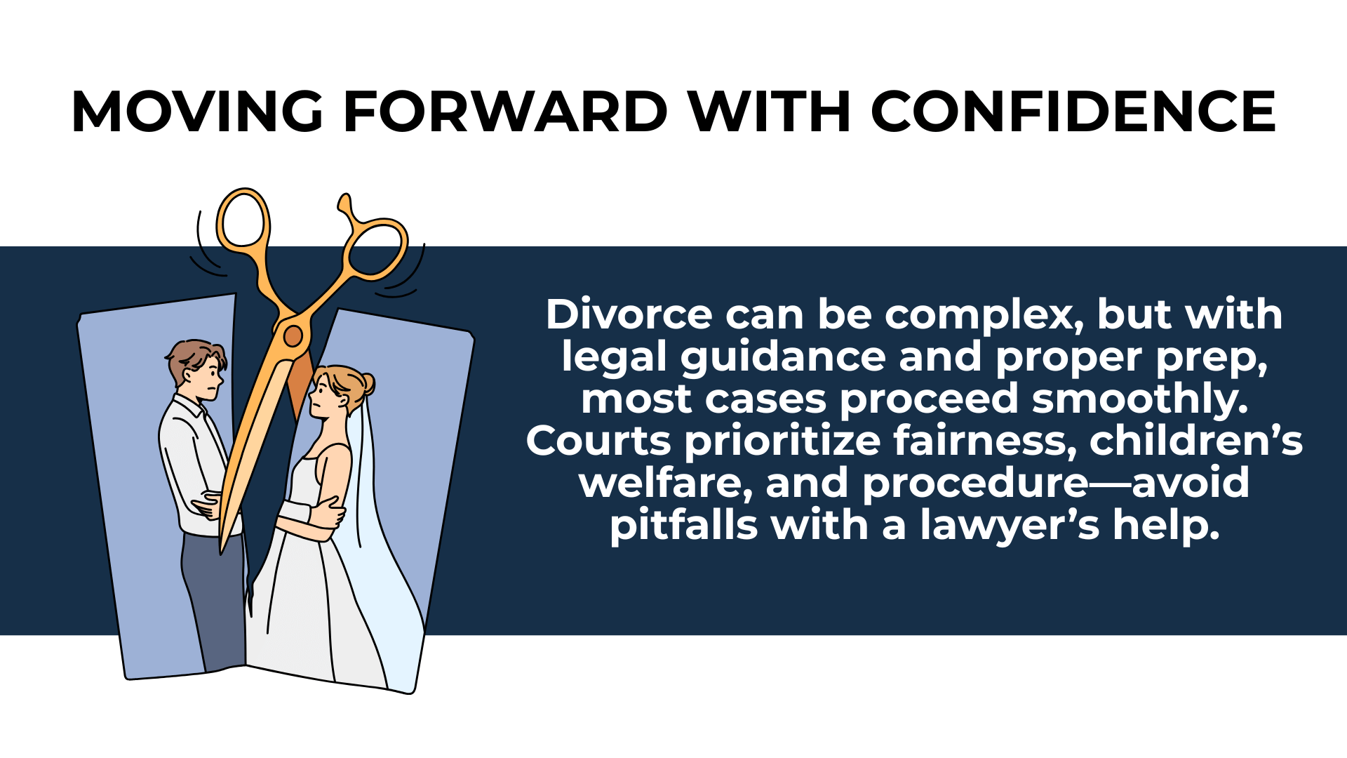 Cartoon couple split by scissors, with text urging legal help to avoid court pitfalls.