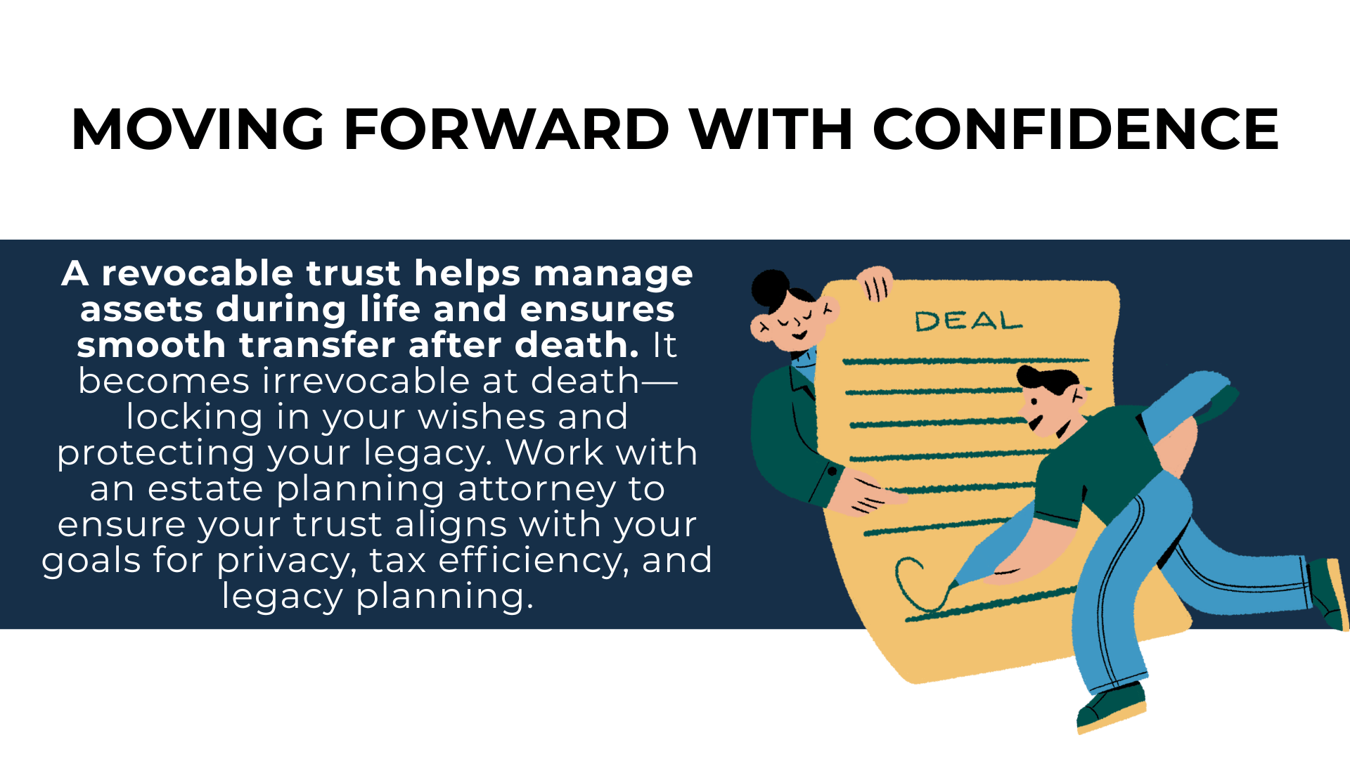 Two people signing a trust document with text highlighting trust benefits like privacy, legacy protection, and smooth transfers.