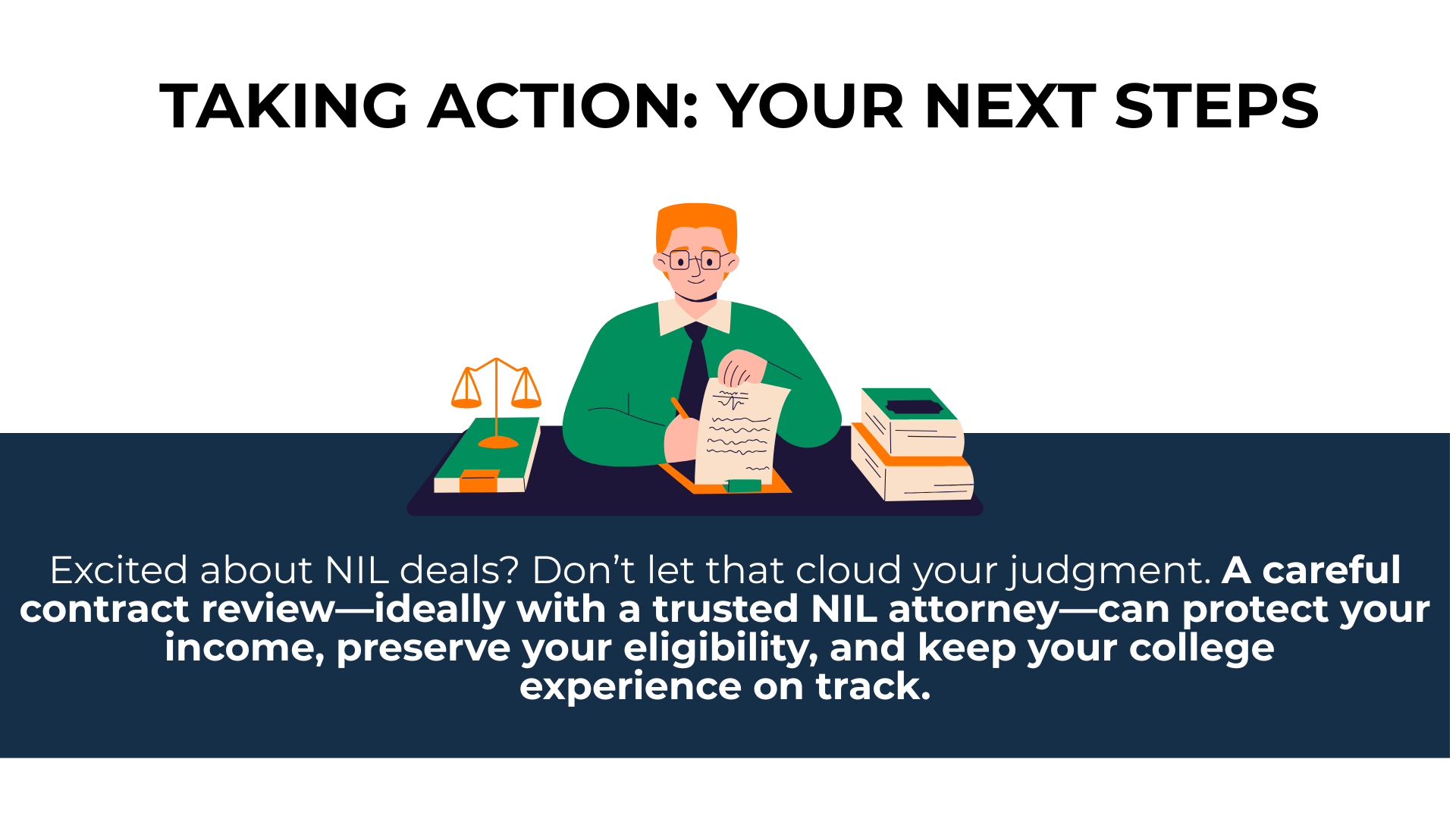 Cartoon athlete signing a contract with reminder: get NIL deals reviewed to protect income and eligibility.