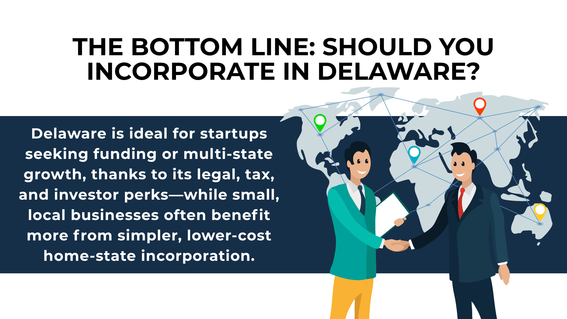 Two business people shaking hands with a world map behind them and text highlighting pros for startups vs local firms.
