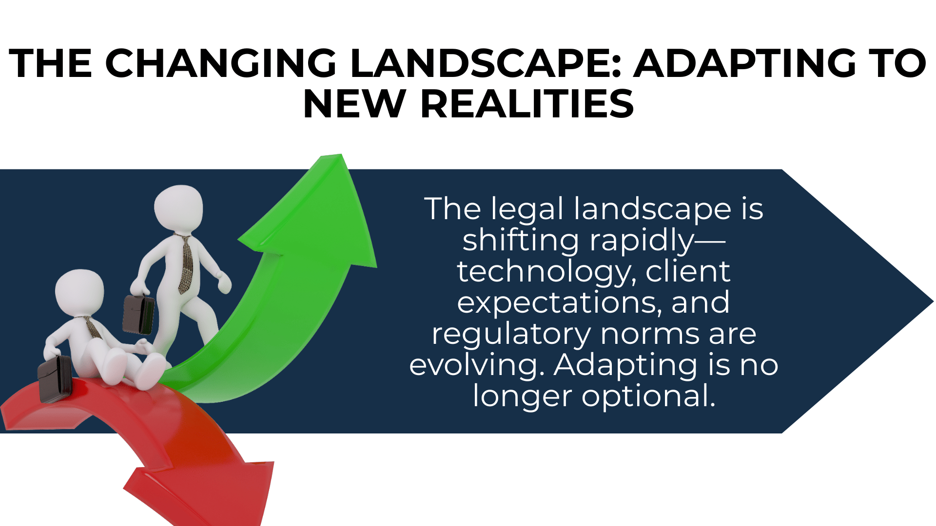 Two 3D figures with briefcases ride red and green arrows showing fast-changing NIL legal and tech landscape