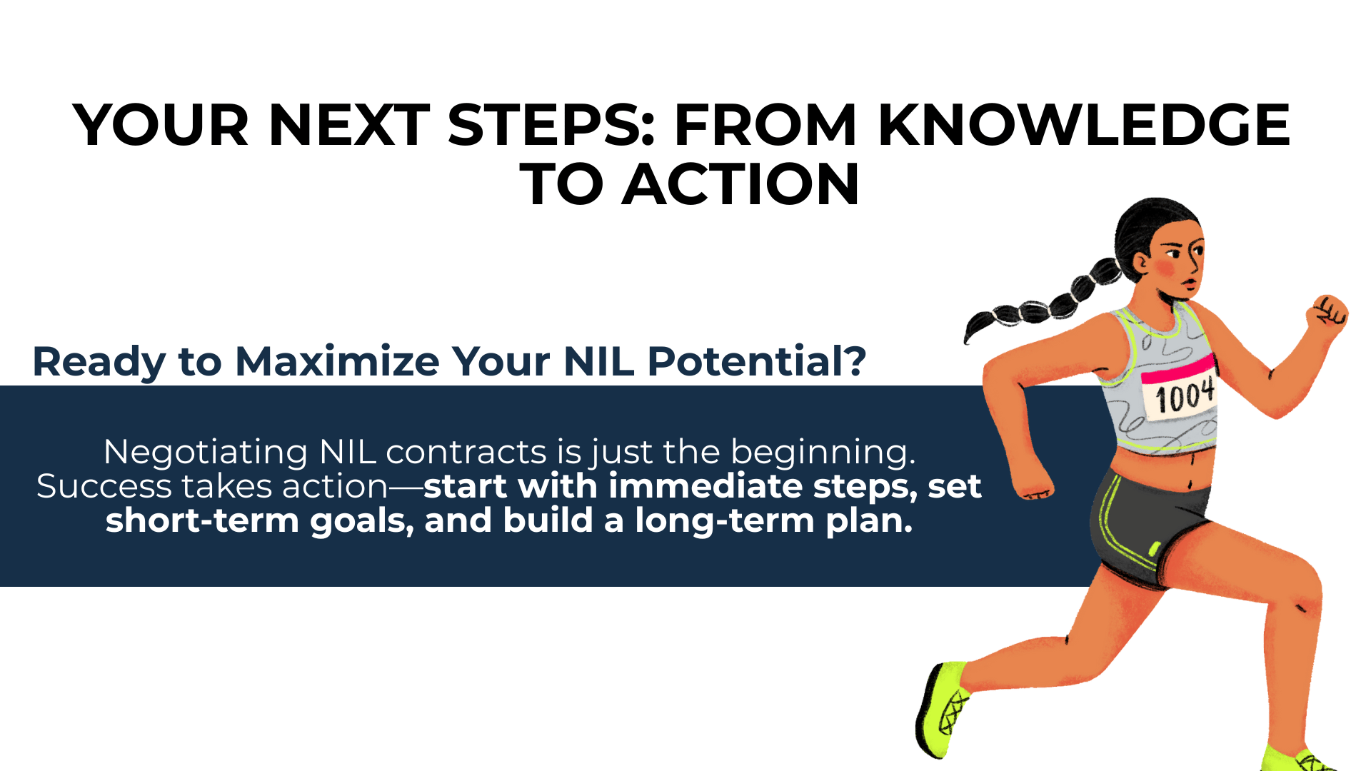 Runner sprints forward beside advice to start strong and make a NIL game plan for long-term success.
